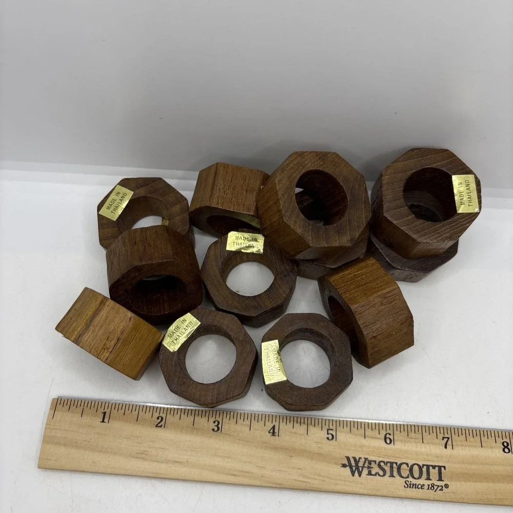 Hand Crafted Teak Wood Round Napkin Rings Made in Thailand Set of 12‎